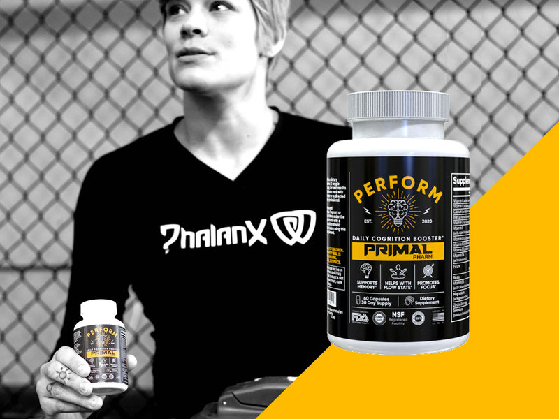 Bottle of Primal Pharm Perform Memory & focus nootropic supplement used by BJJ jiu jitsu athletes